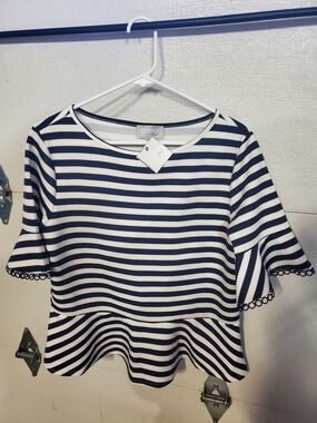 Cupio Navy & White Striped Peplum Blouse with Trimmed Sleeves